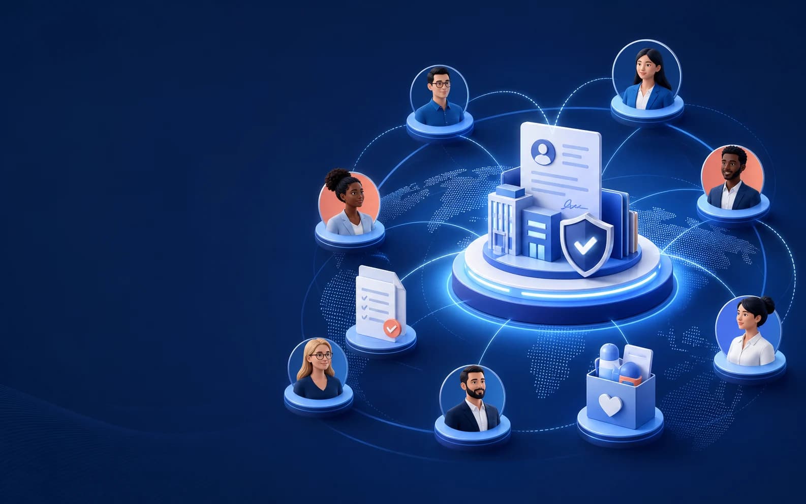 Illustration eines vielfältigen globalen Teams, das um einen sicheren zentralen Beschäftigungsdatensatz verbunden ist