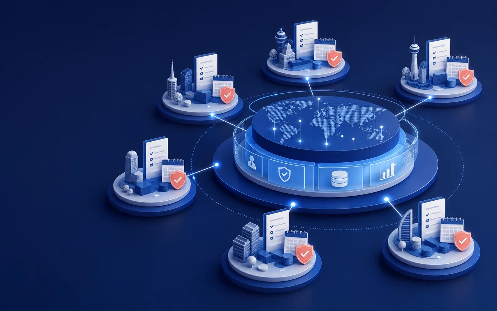 Illustration of a central global platform linked to several regional compliance hubs